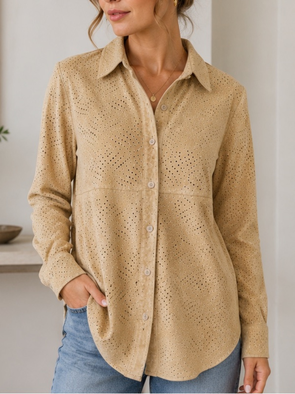 Y2K Vintage Co & Eddy Genuine Suede Perforated Laser-Cut Button-Up Shirt Size 10